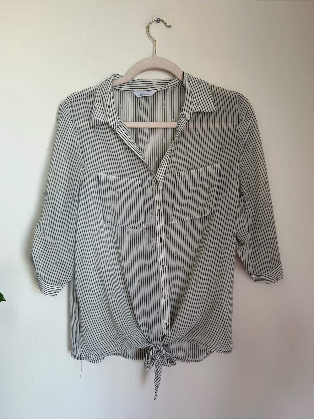 Reitmans Black and White Striped Tie-Front Button Down Shirt